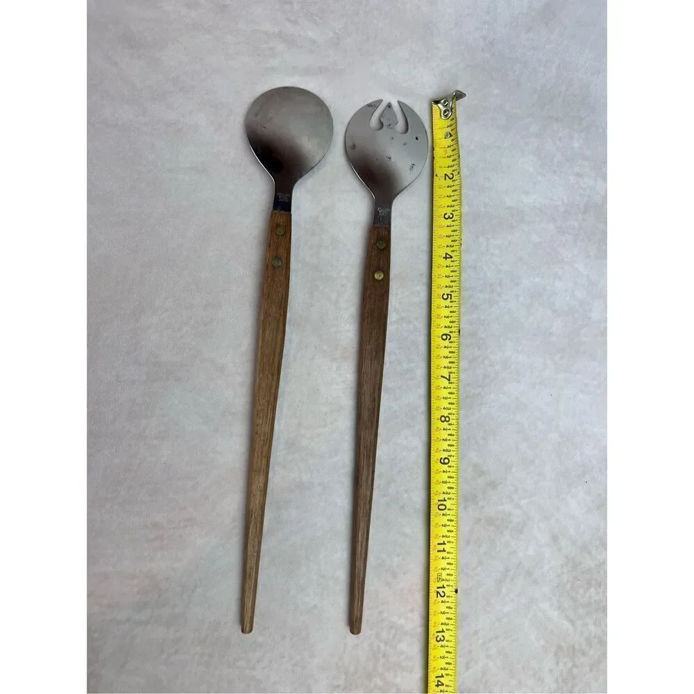 Vintage 1970s Stainless Steel Salad Fork Spoon Wood Handle Mid Century Modern Ja